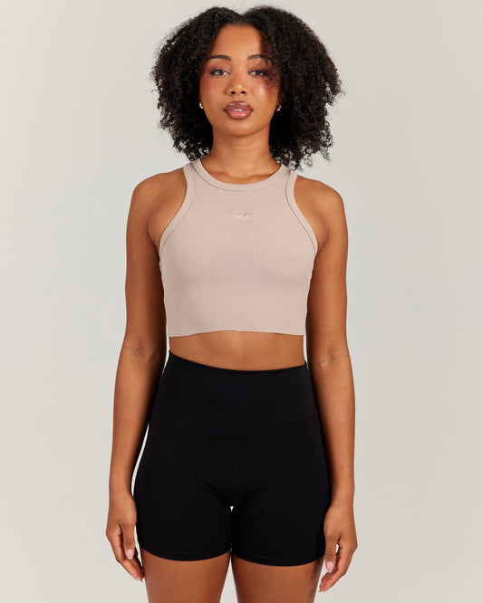 Cropped Ribbed Singlet - Beige